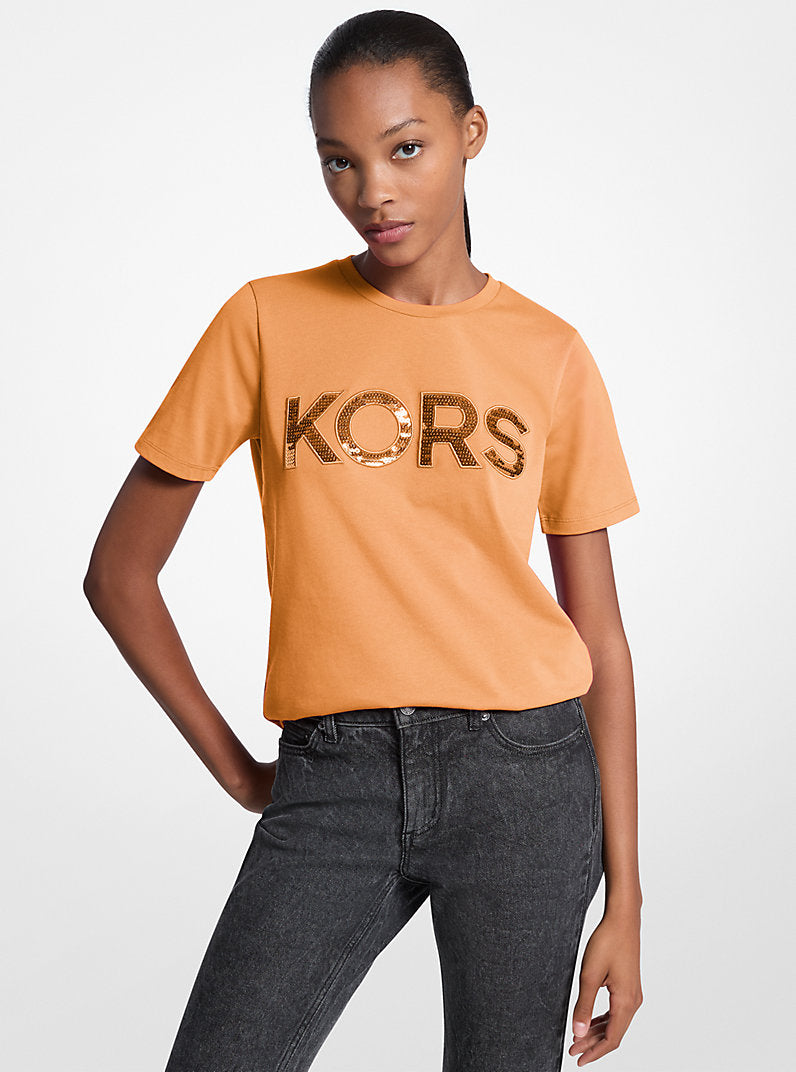 Michael Kors Sequined Logo Cotton T-Shirt-RADIANT ORANGE