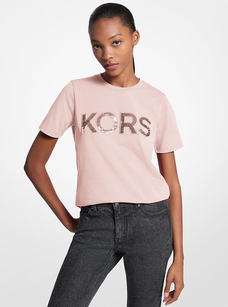 Michael Kors Sequined Logo Cotton T-Shirt-POWDER BLUSH