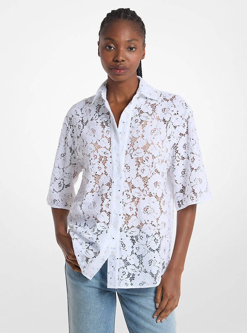 Michael Kors Studded Corded Floral Lace Shirt-WHITE