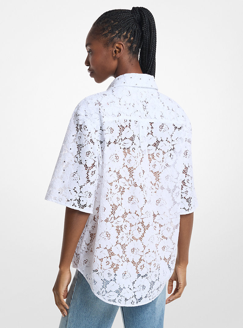 Michael Kors Studded Corded Floral Lace Shirt-WHITE