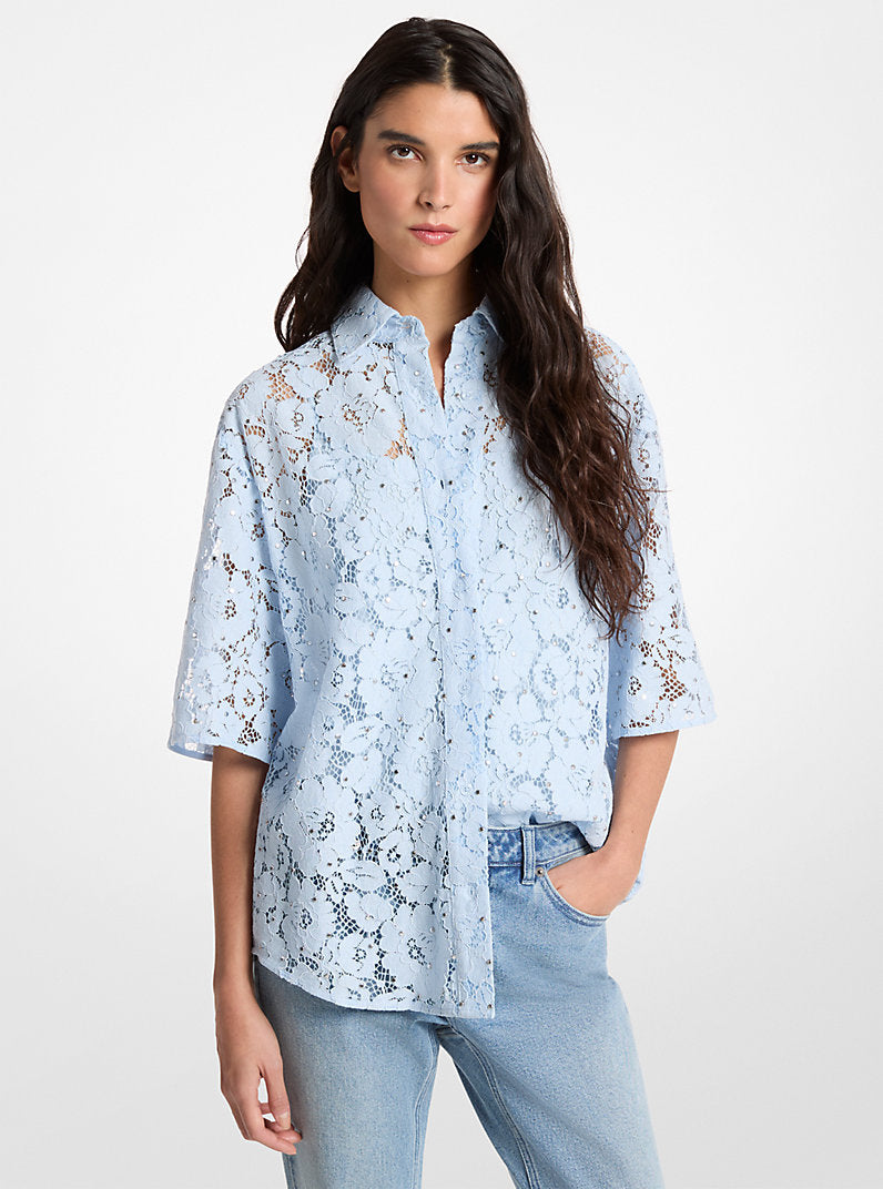 Michael Kors Studded Corded Floral Lace Shirt-PASTEL BLUE