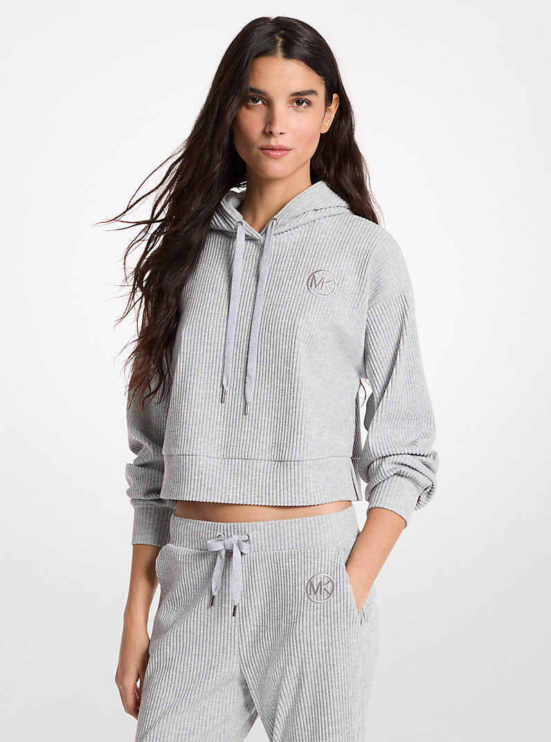 Michael Kors Ribbed Knit Hoodie-PEARL GREY