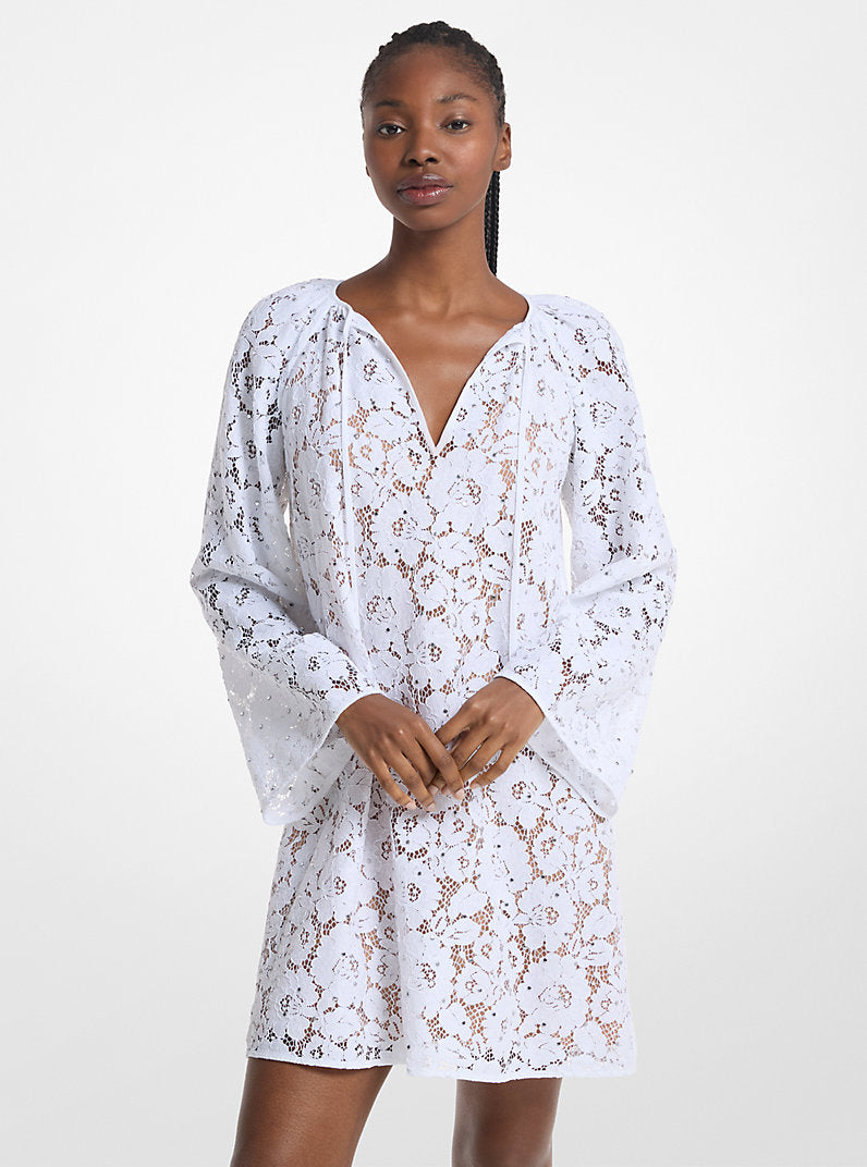 Michael Kors Studded Corded Floral Lace Dress-WHITE