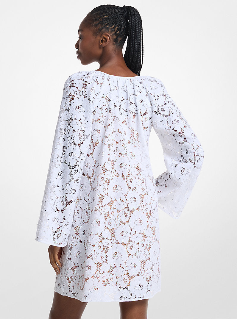 Michael Kors Studded Corded Floral Lace Dress-WHITE