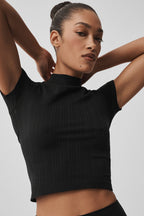 Alo Yoga Seamless Pointelle Mock Neck Short Sleeve- Black