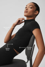 Alo Yoga Seamless Pointelle Mock Neck Short Sleeve- Black