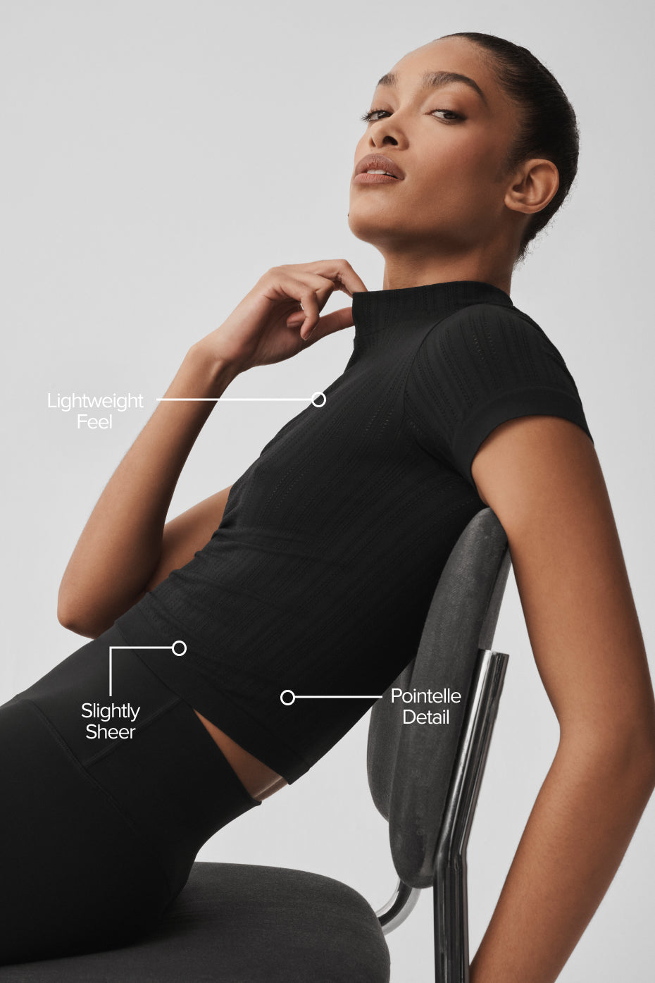 Alo Yoga Seamless Pointelle Mock Neck Short Sleeve- Black