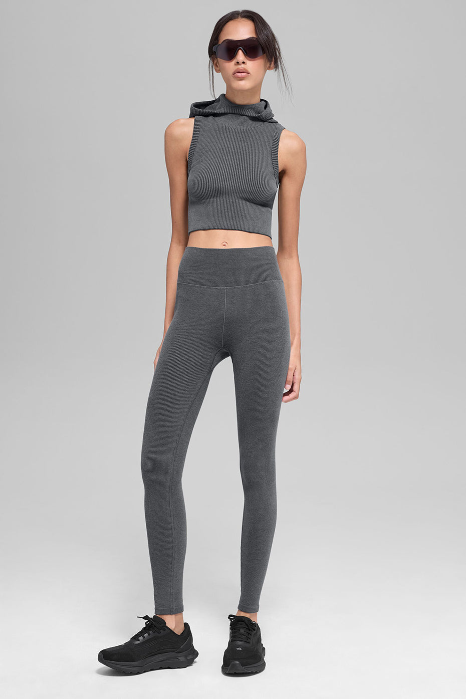 Alo Yoga Seamless Two Tone Rib Hooded Vest  - Dark Misty Grey Heather