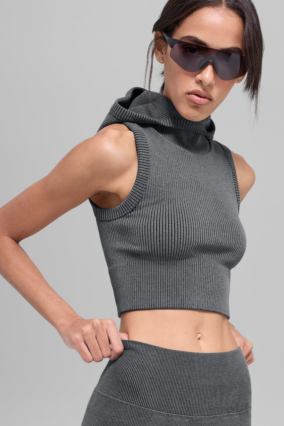 Alo Yoga Seamless Two Tone Rib Hooded Vest  - Dark Misty Grey Heather