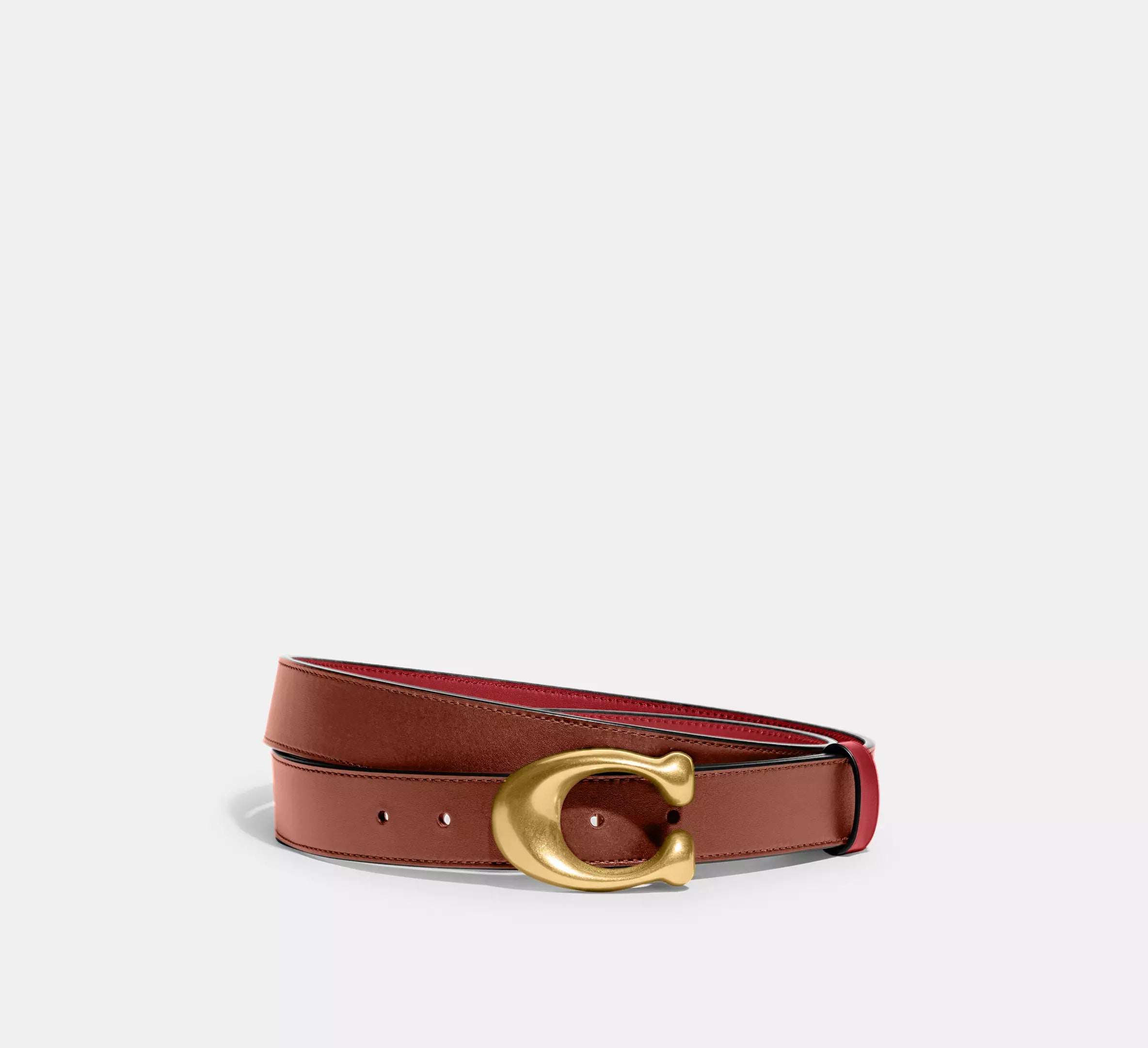 Coach Sculpted C Buckle Cut-To-Size Reversible Belt, 32 Mm -  Brass/Red/1941 Saddle - Hemen Teslimde