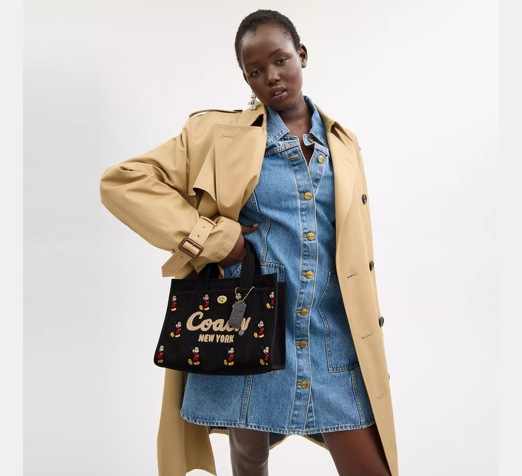 Coach Disney X Coach Cargo Tote Bag 26 With Mickey Mouse In Regenerative Cotton - Brass/Black Multi