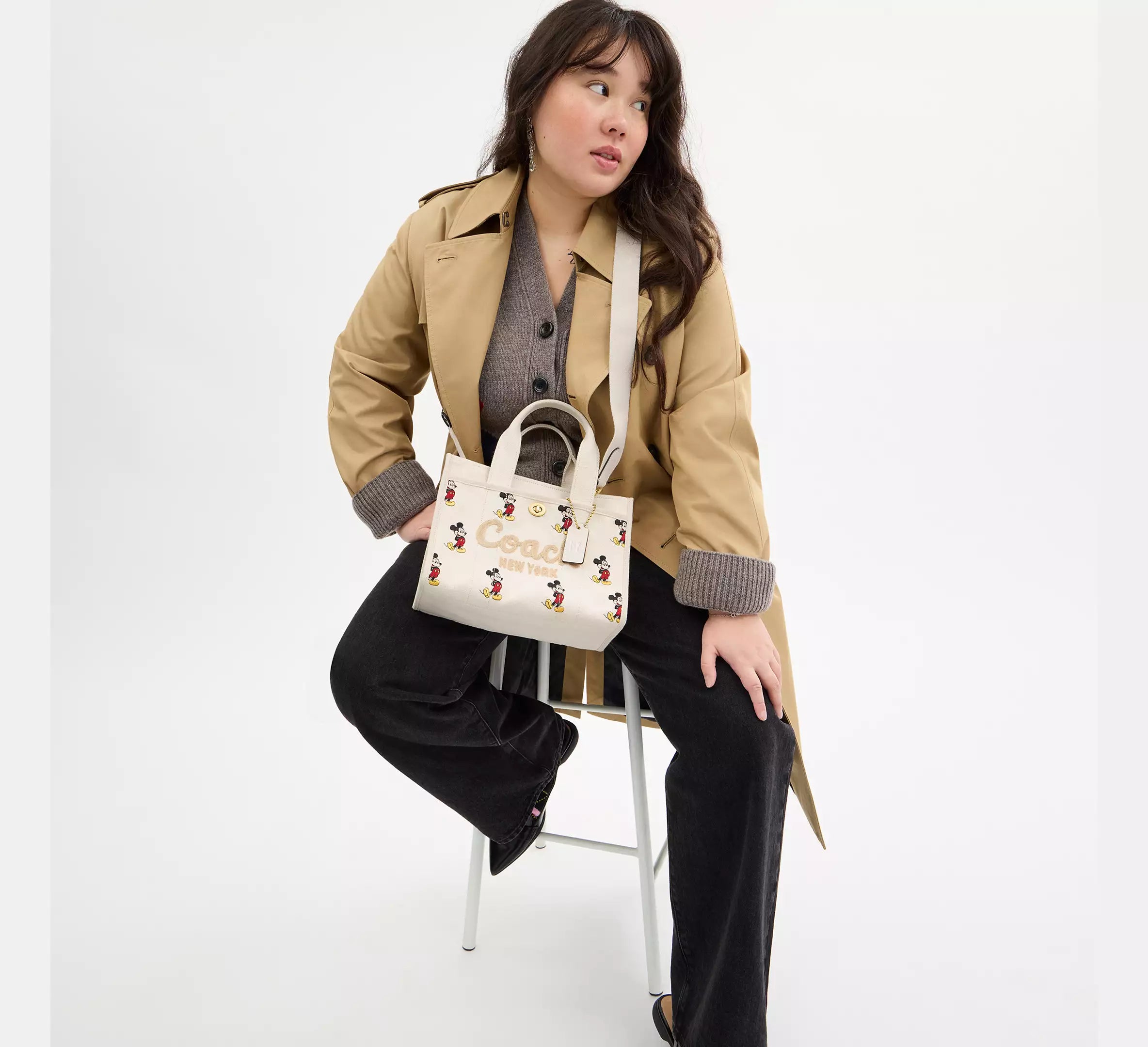 Coach Disney X Coach Cargo Tote Bag 26 With Mickey Mouse In Regenerative Cotton - Brass/Ivory Multi