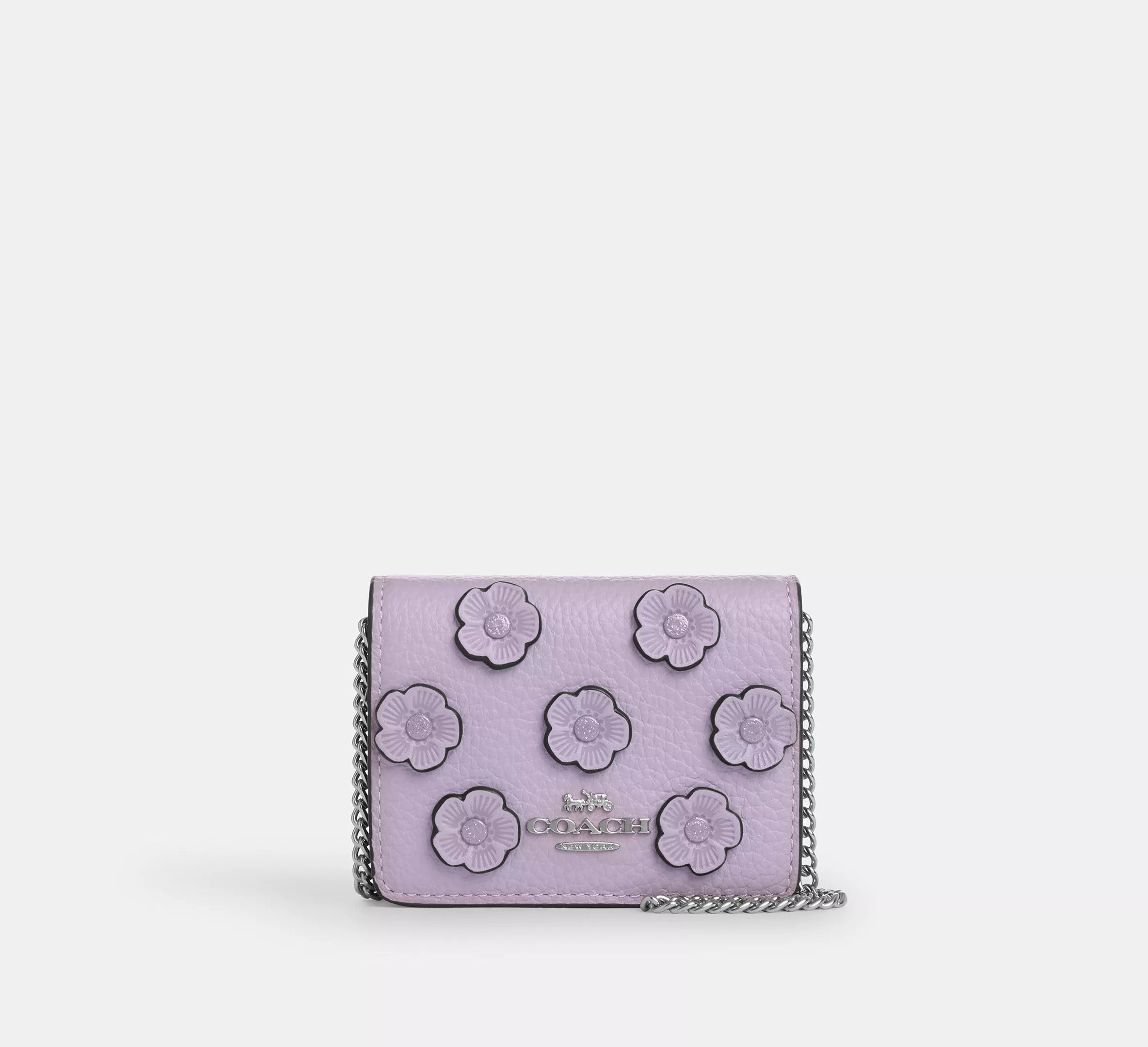 Coach Mini Wallet On A Chain With Floral Applique - Silver/Lilac