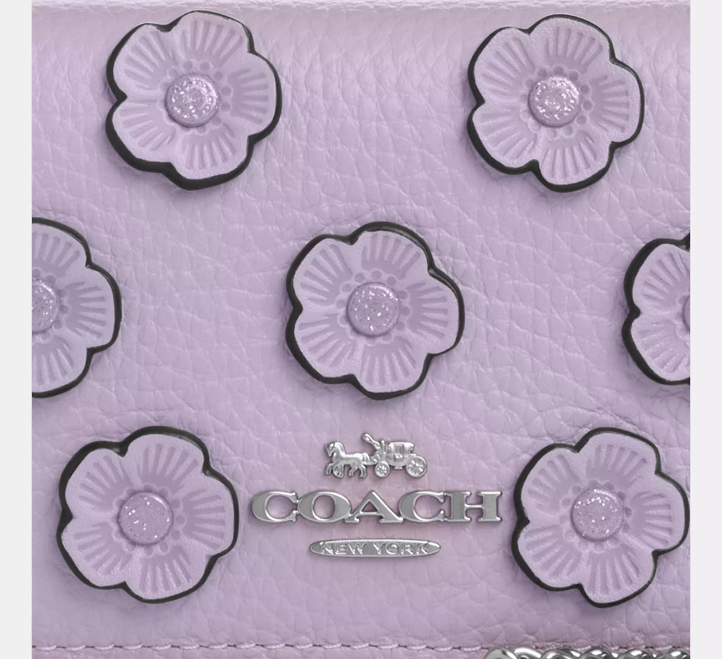 Coach Mini Wallet On A Chain With Floral Applique - Silver/Lilac