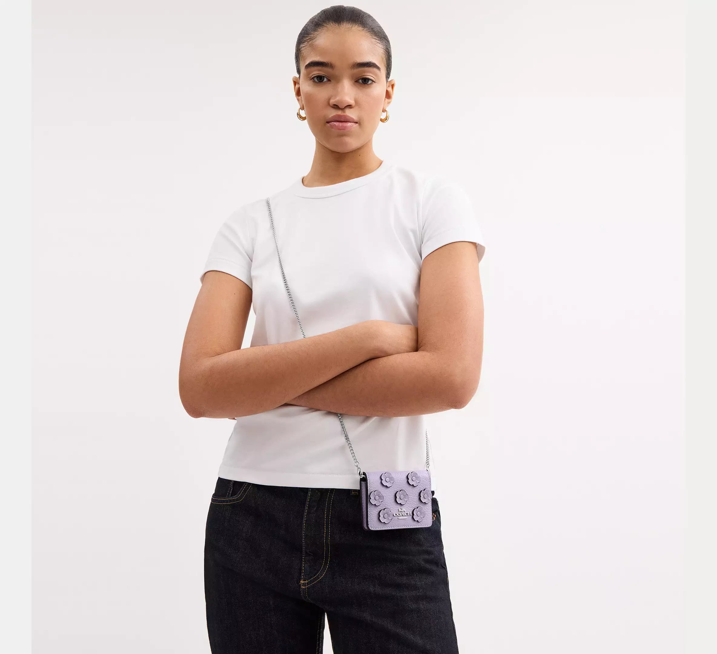 Coach Mini Wallet On A Chain With Floral Applique - Silver/Lilac