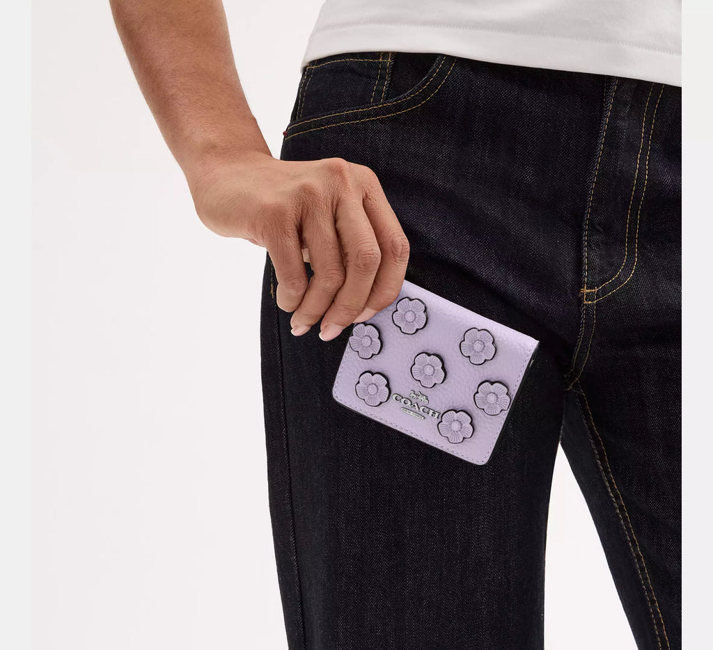 Coach Mini Wallet On A Chain With Floral Applique - Silver/Lilac