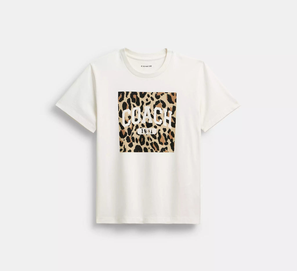 Coach Leopard Signature Square Classic T-Shirt In Organic Cotton  -  White