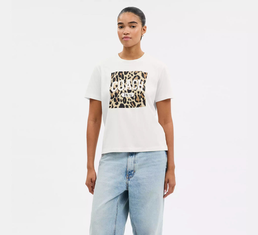 Coach Leopard Signature Square Classic T-Shirt In Organic Cotton  -  White