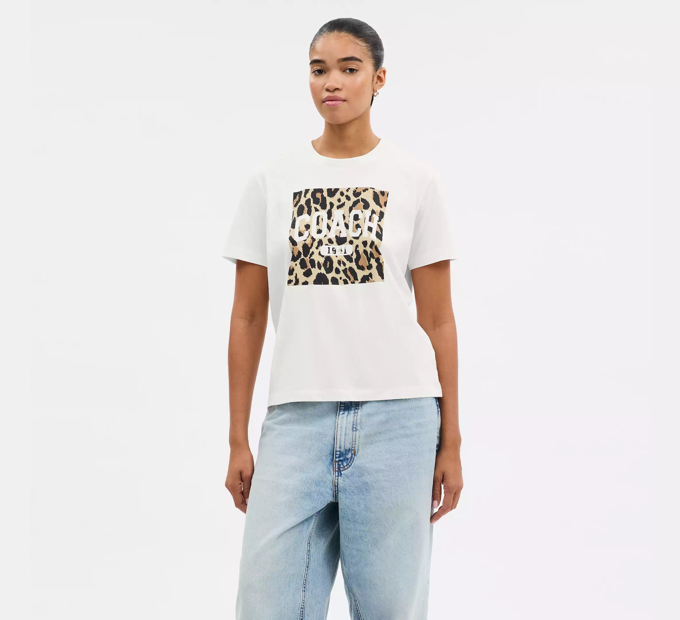 Coach Leopard Signature Square Classic T-Shirt In Organic Cotton  -  White