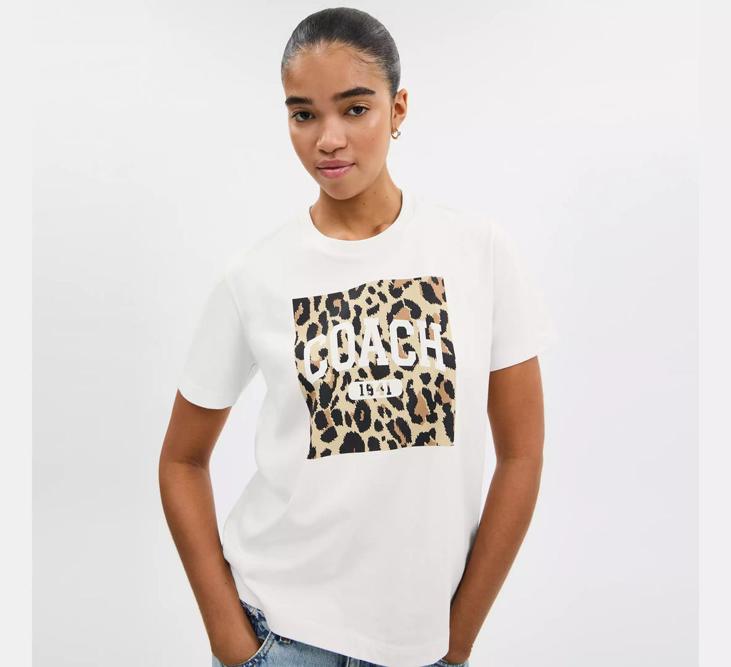 Coach Leopard Signature Square Classic T-Shirt In Organic Cotton  -  White