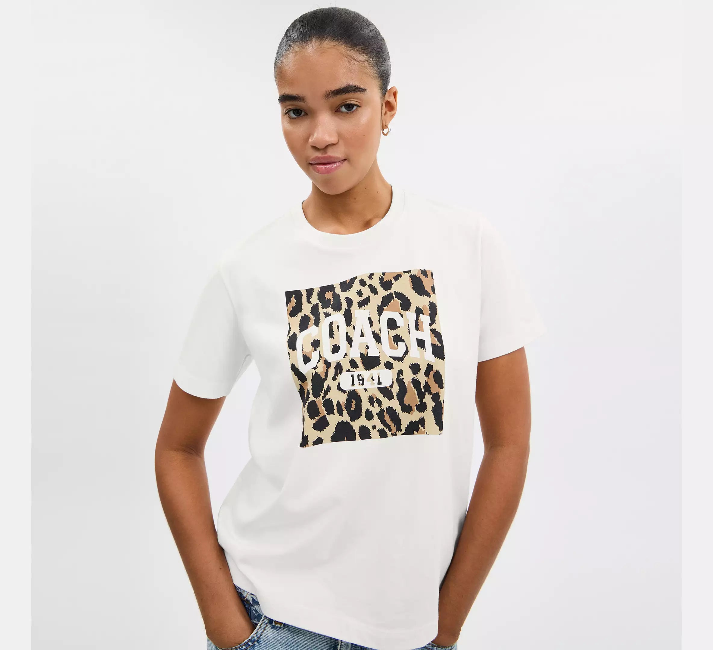 Coach Leopard Signature Square Classic T-Shirt In Organic Cotton  -  White