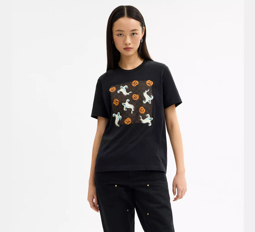 Coach Pumpkin And Ghost Signature Classic T-Shirt  -  Black