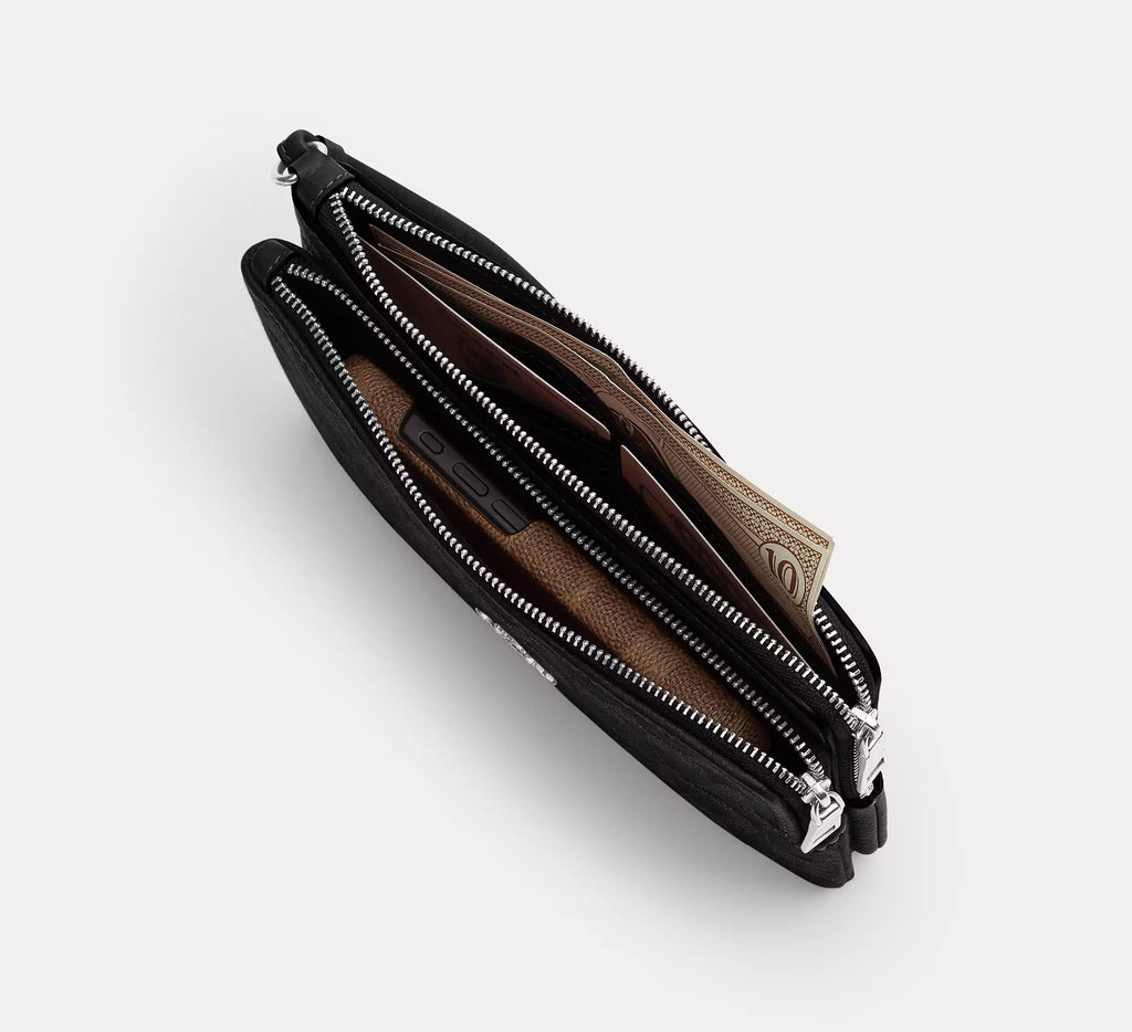 Coach Double Zip Wallet In Signature Denim - Silver/Black