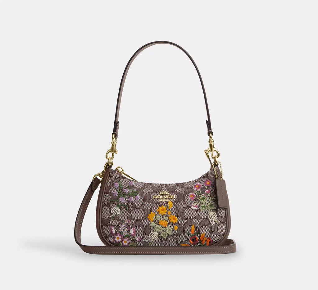 Coach Teri Mini Crossbody Bag In Signature Jacquard With Floral Embroidery  -  Gold/Oak Multi
