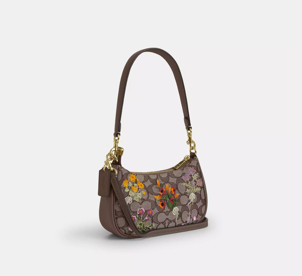 Coach Teri Mini Crossbody Bag In Signature Jacquard With Floral Embroidery  -  Gold/Oak Multi