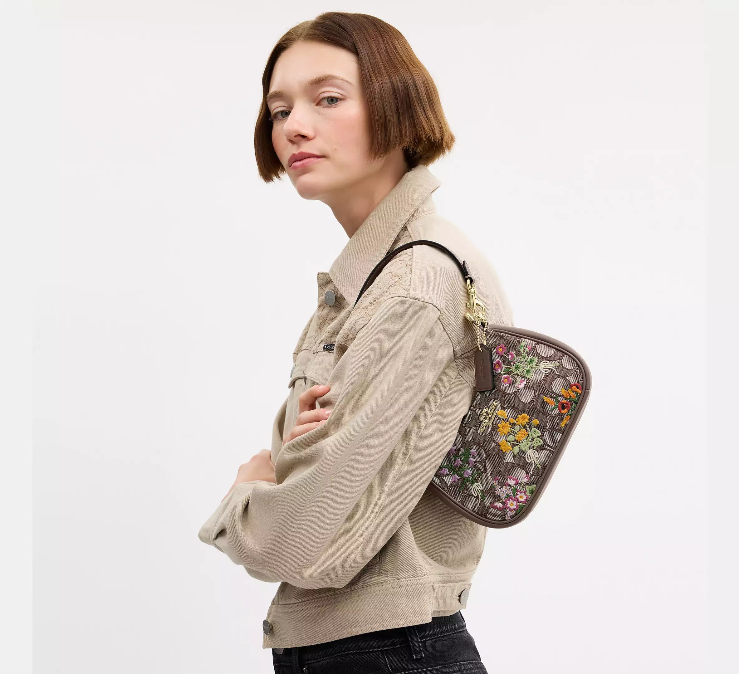 Coach Teri Mini Crossbody Bag In Signature Jacquard With Floral Embroidery  -  Gold/Oak Multi