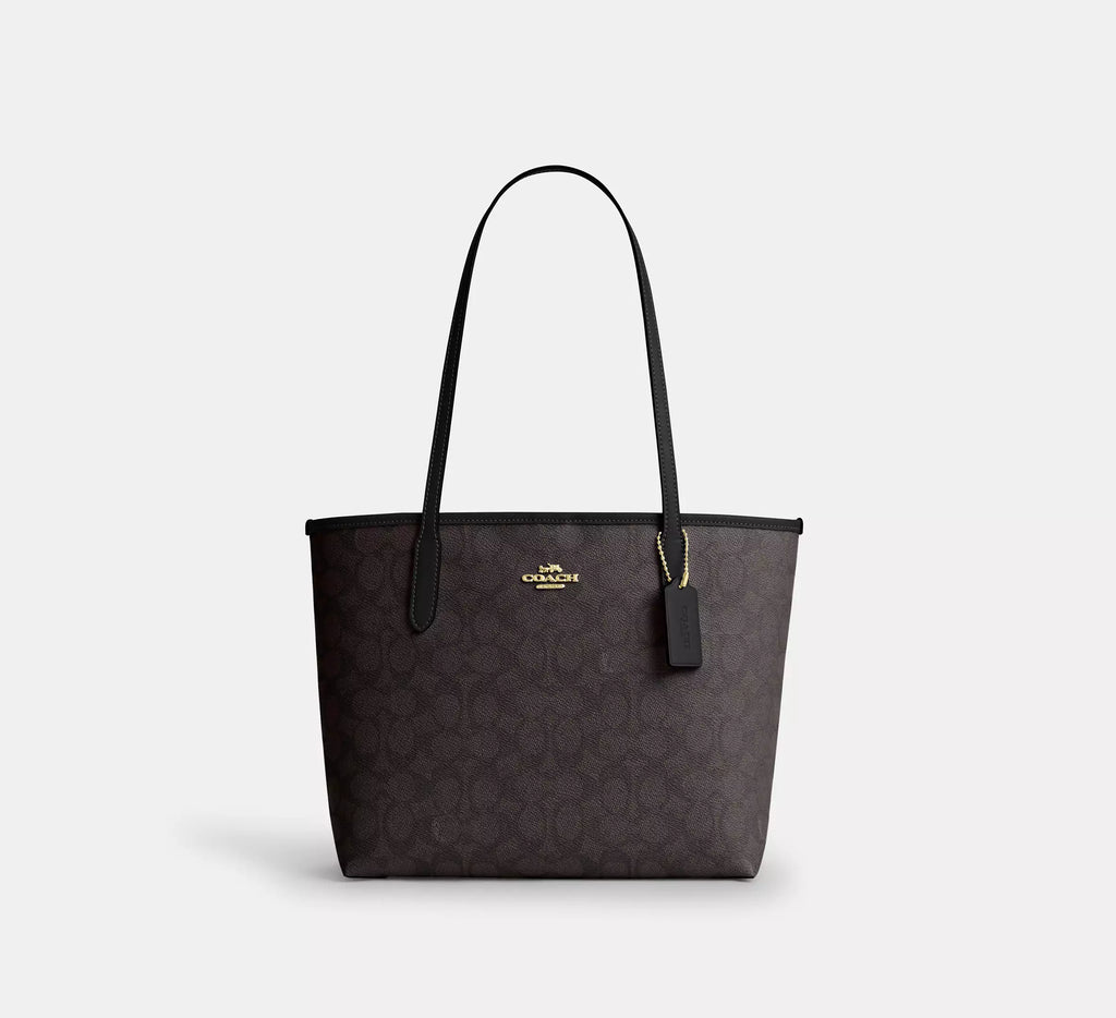 Coch Medium City Tote Bag In Signature  -  Gold/Walnut/Black