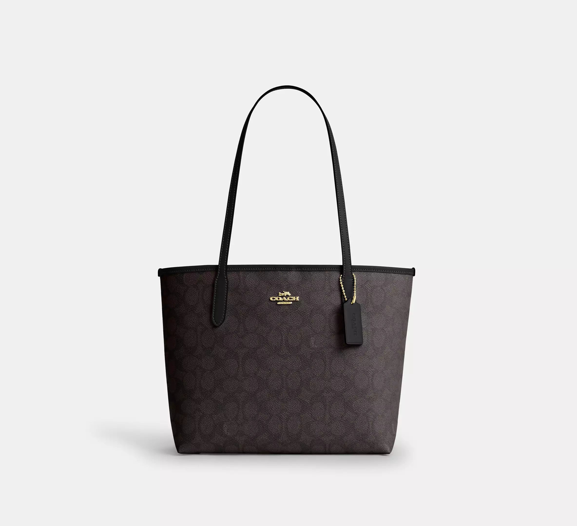 Coch Medium City Tote Bag In Signature  -  Gold/Walnut/Black