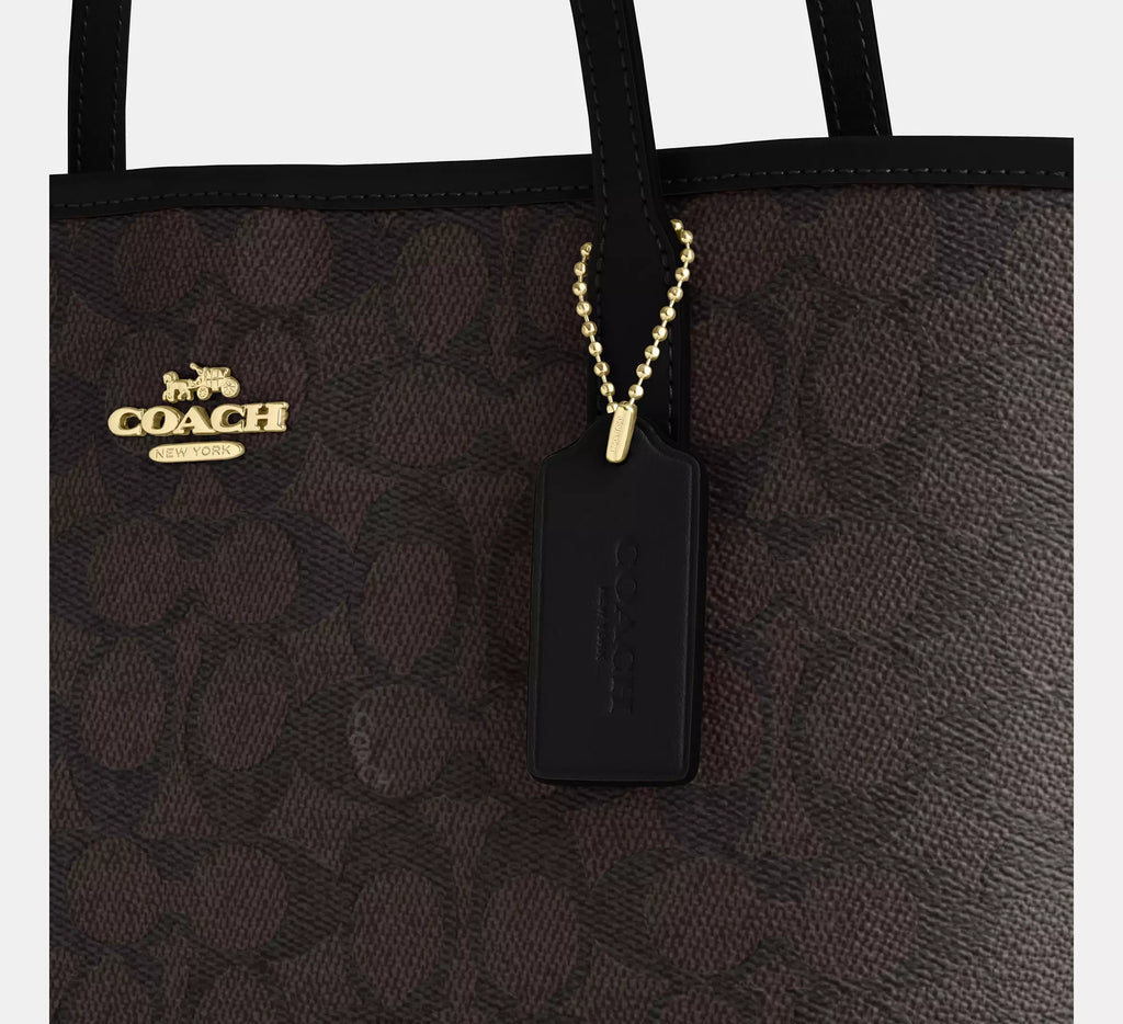 Coch Medium City Tote Bag In Signature  -  Gold/Walnut/Black