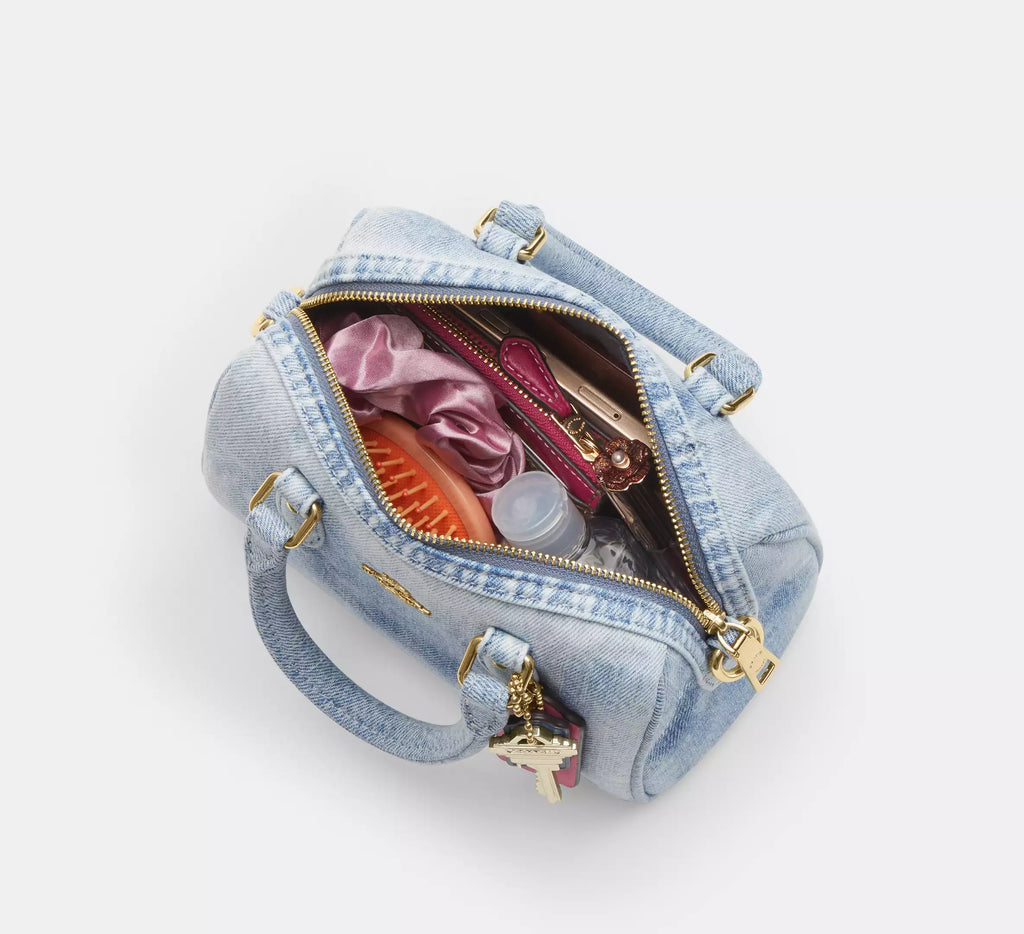 Coach Mini Rowan Crossbody Bag In Loved Denim With Charms  - Gold/Light Indigo
