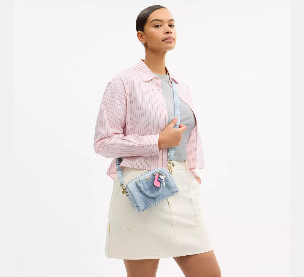 Coach Mini Rowan Crossbody Bag In Loved Denim With Charms  - Gold/Light Indigo