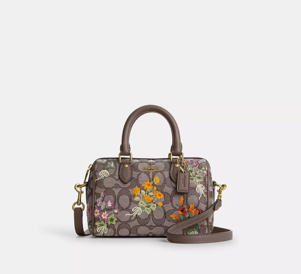 Coach Mini Rowan Crossbody Bag In Signature Jacquard With Floral Embroidery - Gold/Oak Multi