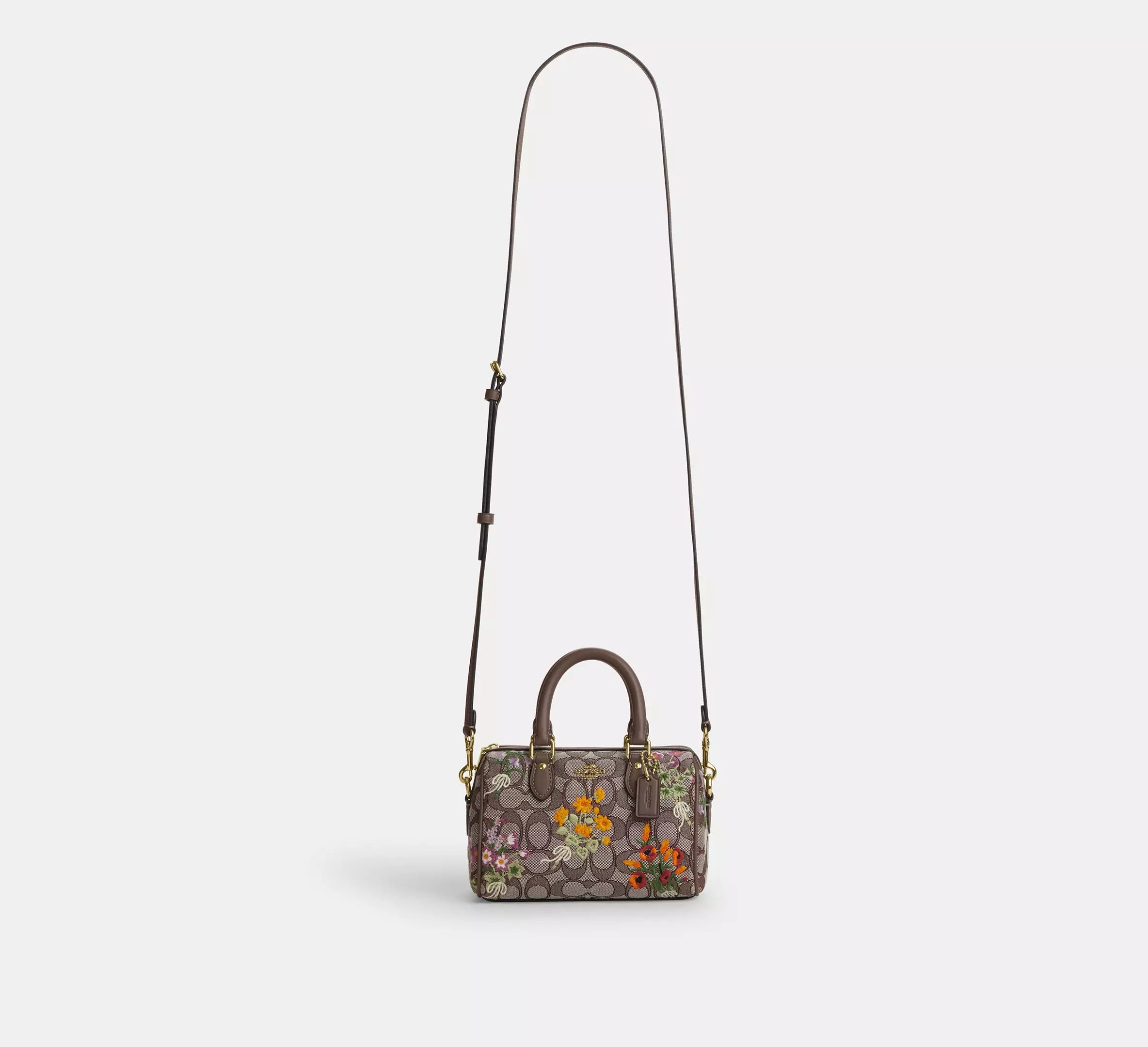 Coach Mini Rowan Crossbody Bag In Signature Jacquard With Floral Embroidery - Gold/Oak Multi