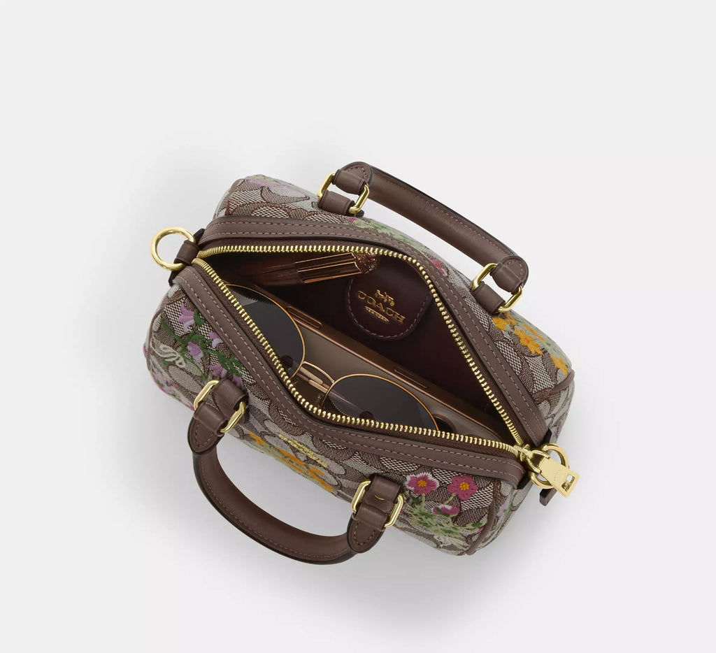 Coach Mini Rowan Crossbody Bag In Signature Jacquard With Floral Embroidery - Gold/Oak Multi