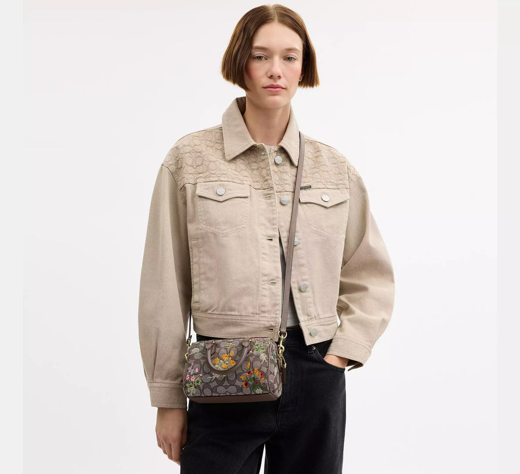 Coach Mini Rowan Crossbody Bag In Signature Jacquard With Floral Embroidery - Gold/Oak Multi