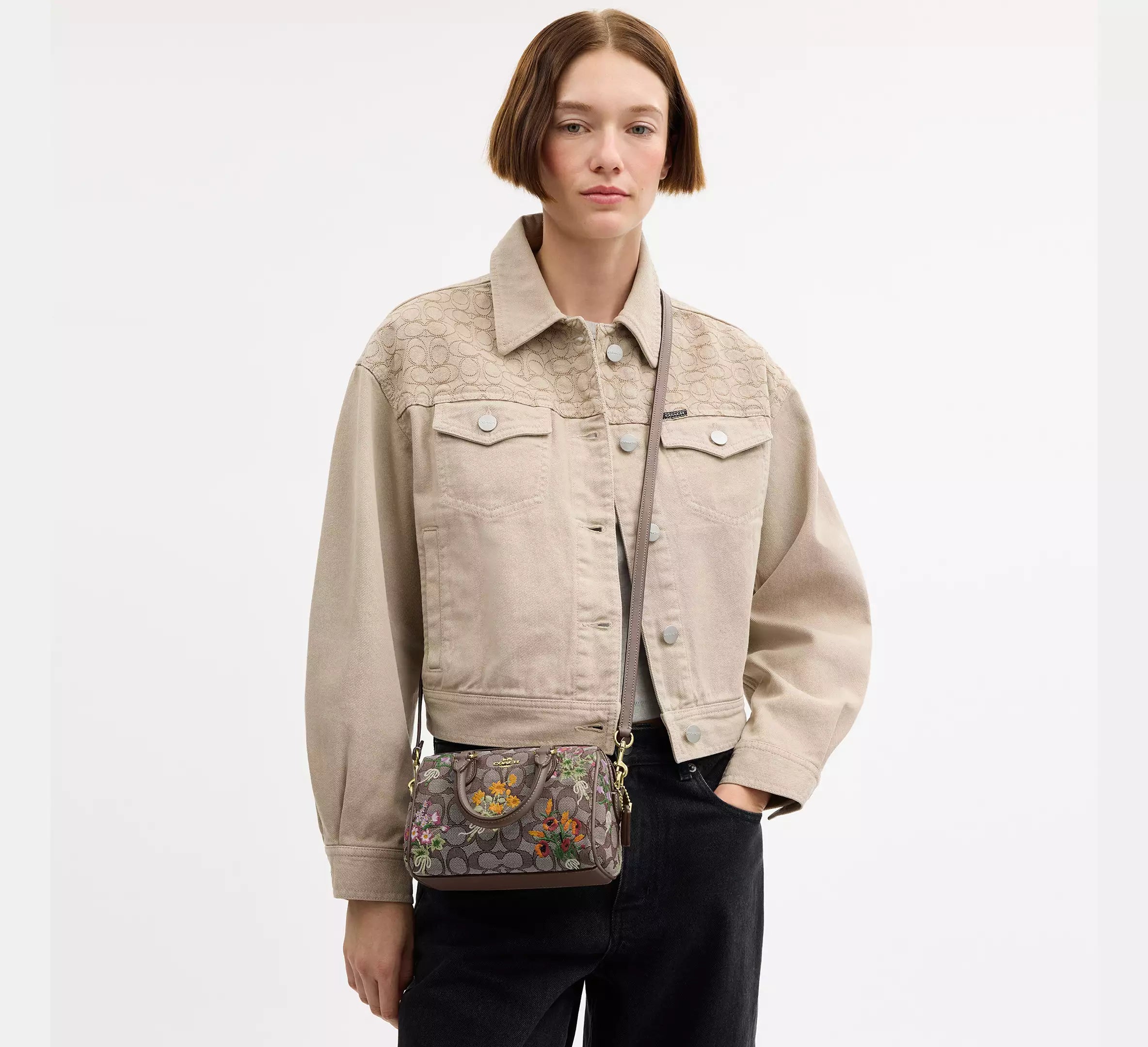 Coach Mini Rowan Crossbody Bag In Signature Jacquard With Floral Embroidery - Gold/Oak Multi