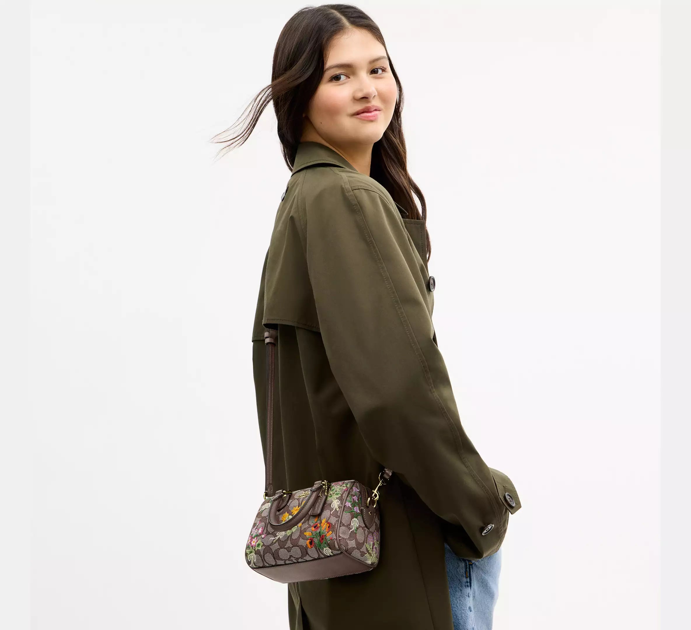 Coach Mini Rowan Crossbody Bag In Signature Jacquard With Floral Embroidery - Gold/Oak Multi