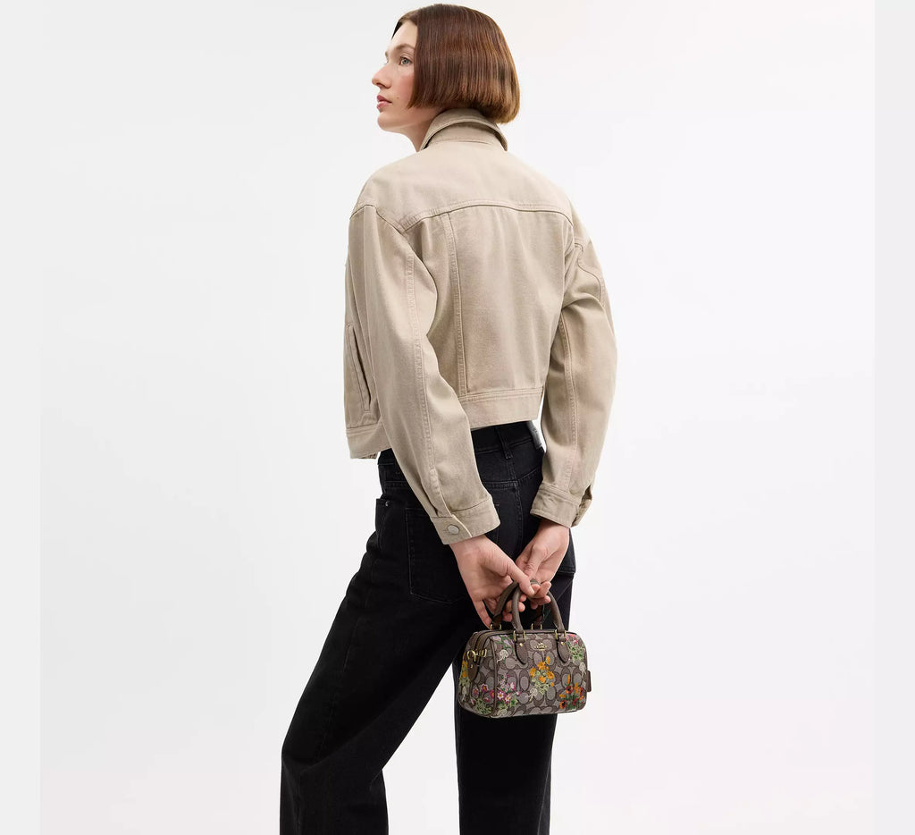 Coach Mini Rowan Crossbody Bag In Signature Jacquard With Floral Embroidery - Gold/Oak Multi