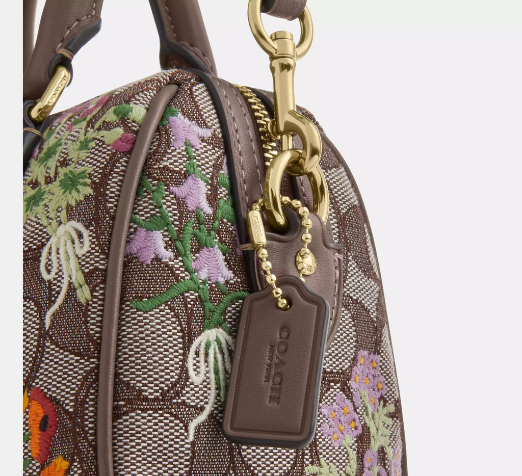 Coach Mini Rowan Crossbody Bag In Signature Jacquard With Floral Embroidery - Gold/Oak Multi