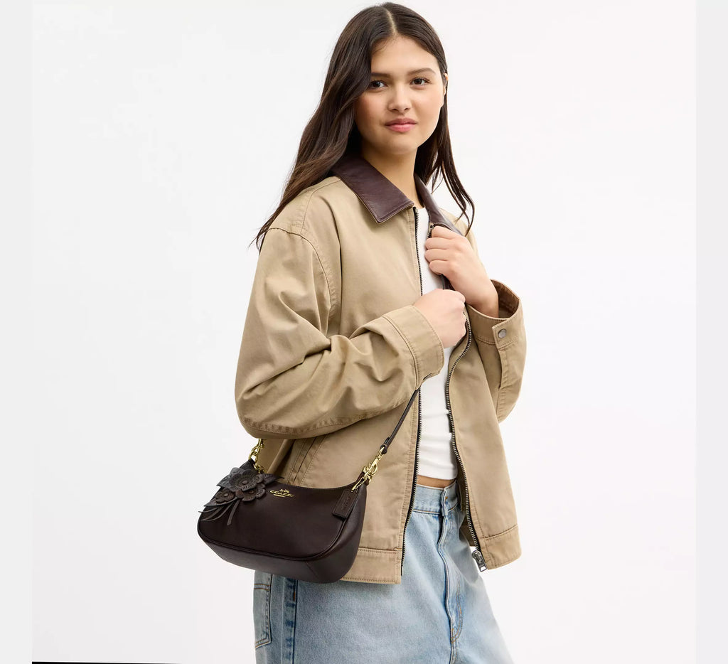 Coach Teri Shoulder Bag With Floral Applique - Gold/Maple