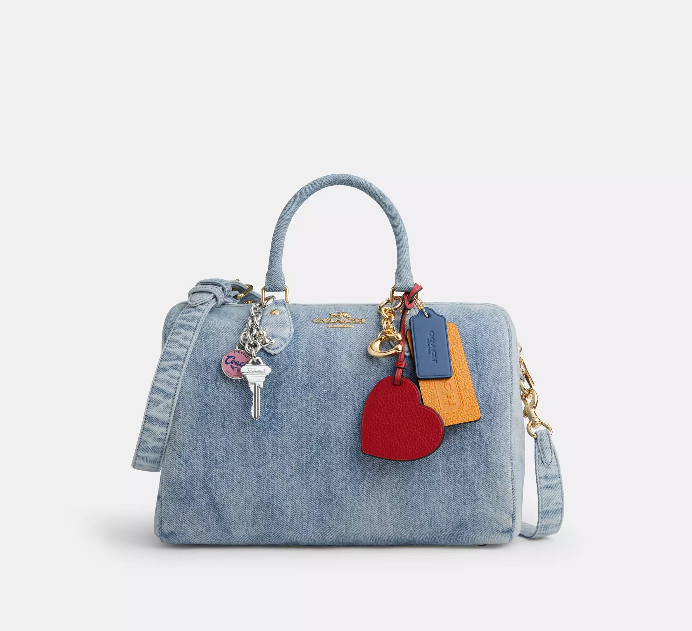 Coach Rowan Large Satchel Bag In Loved Denim With Charms -  Gold/Light Indigo