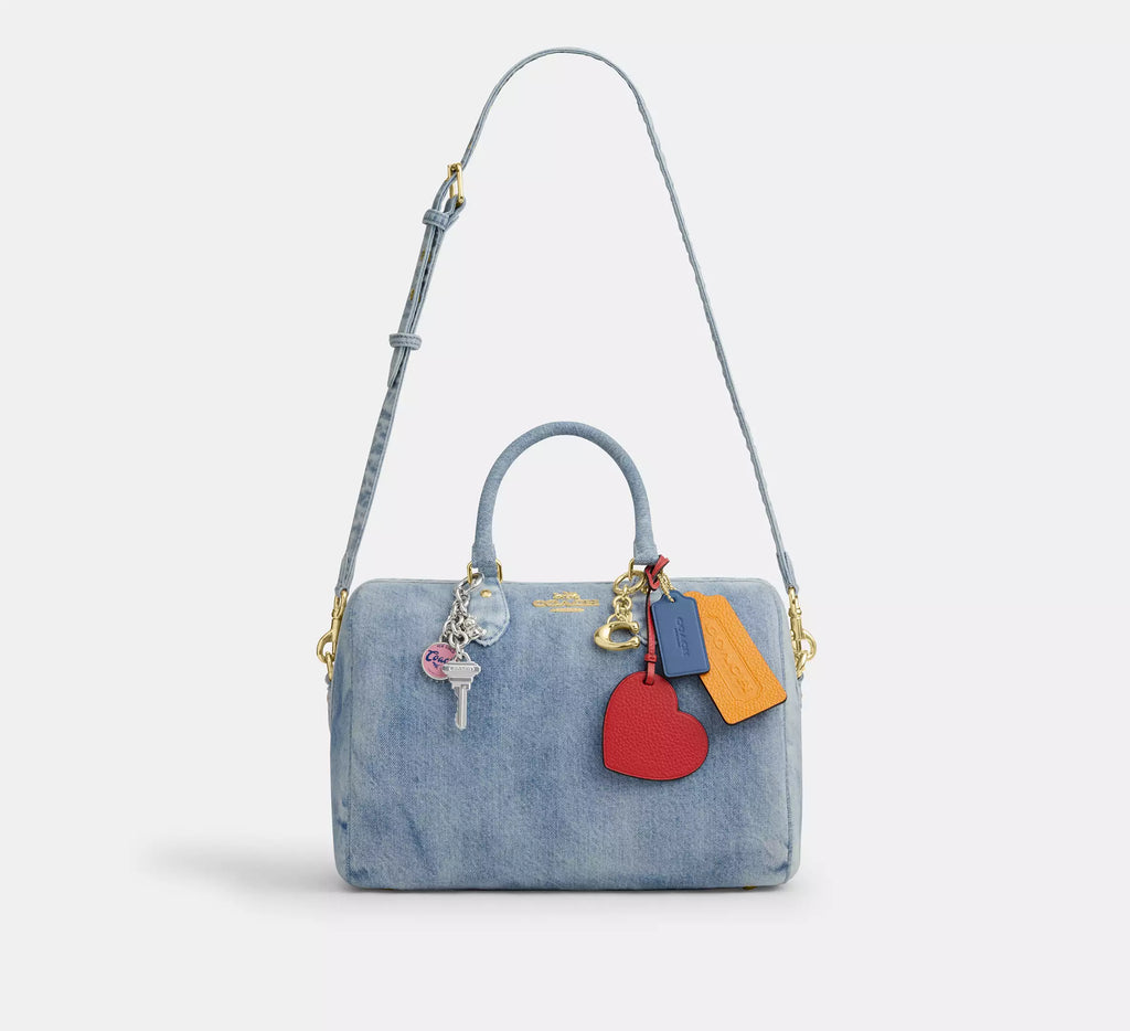 Coach Rowan Large Satchel Bag In Loved Denim With Charms -  Gold/Light Indigo