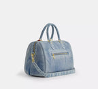 Coach Rowan Large Satchel Bag In Loved Denim With Charms -  Gold/Light Indigo