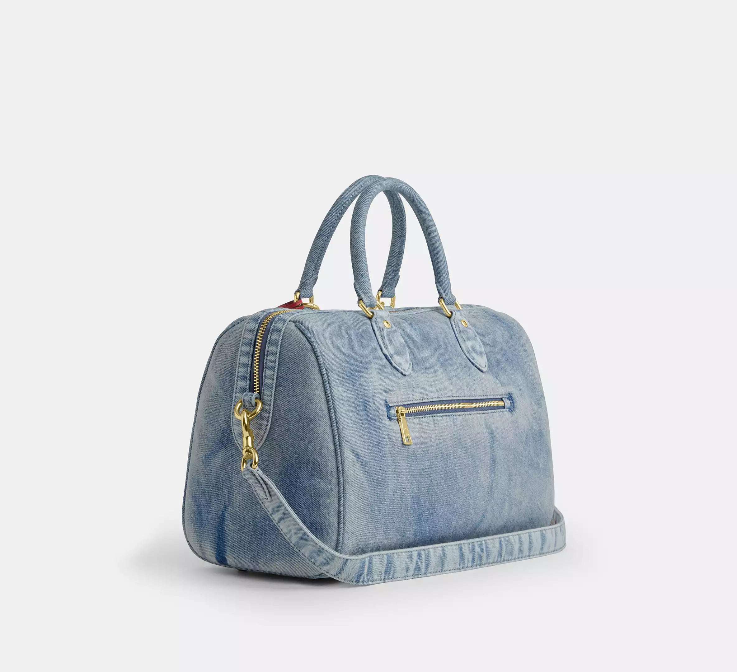 Coach Rowan Large Satchel Bag In Loved Denim With Charms -  Gold/Light Indigo