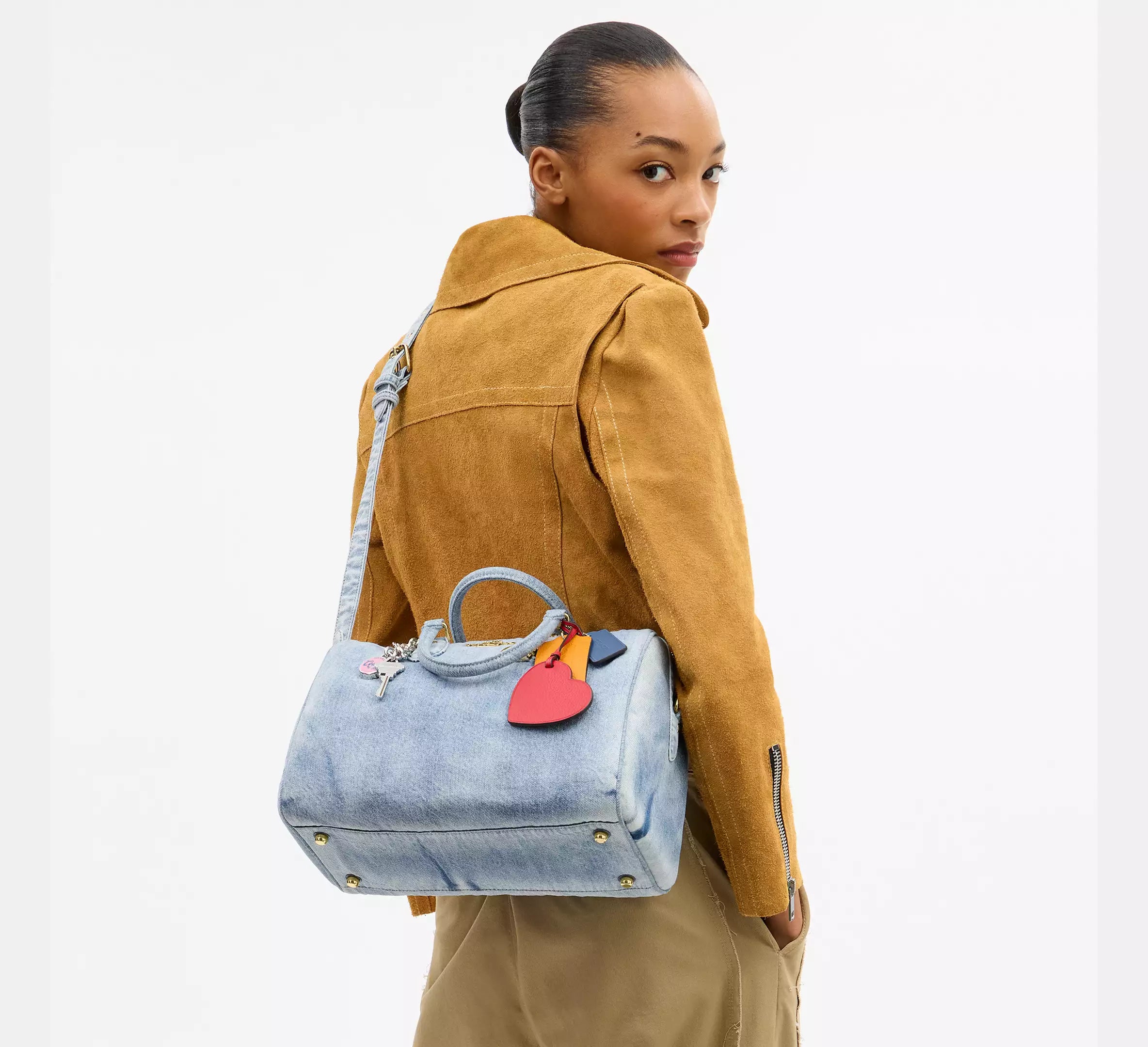 Coach Rowan Large Satchel Bag In Loved Denim With Charms -  Gold/Light Indigo