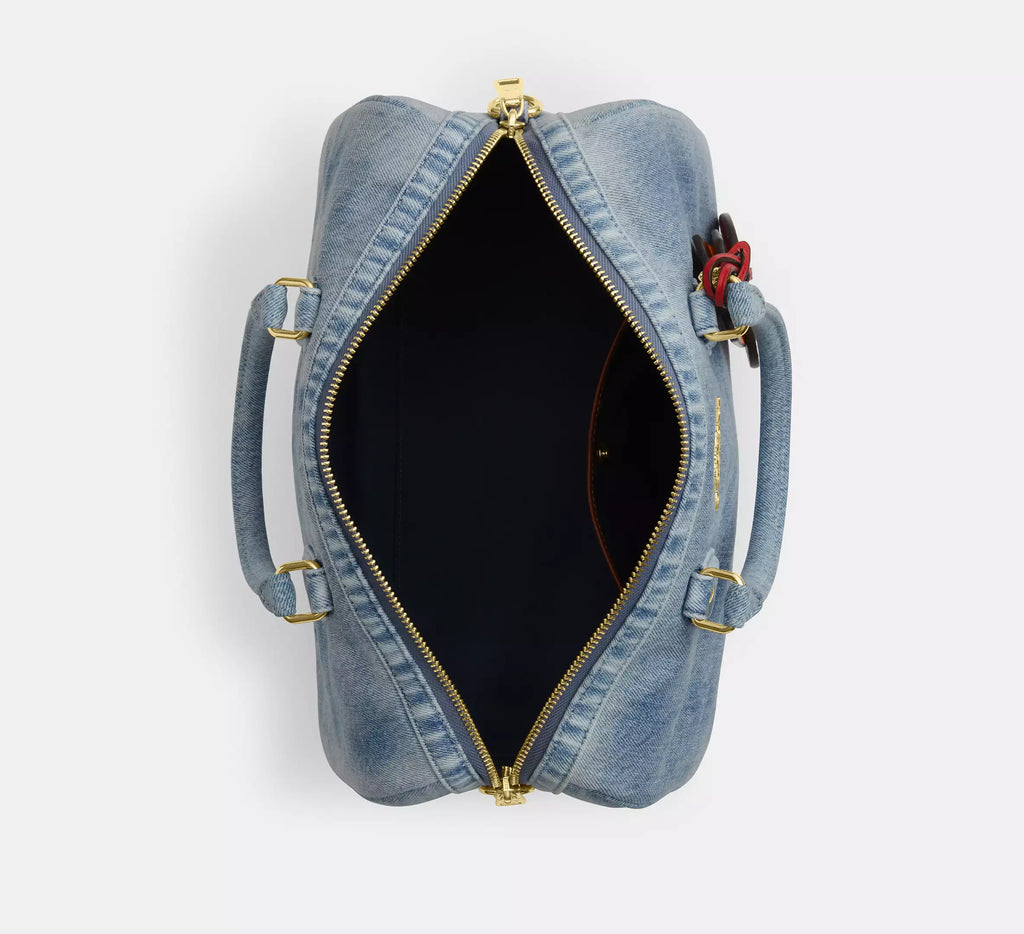 Coach Rowan Large Satchel Bag In Loved Denim With Charms -  Gold/Light Indigo